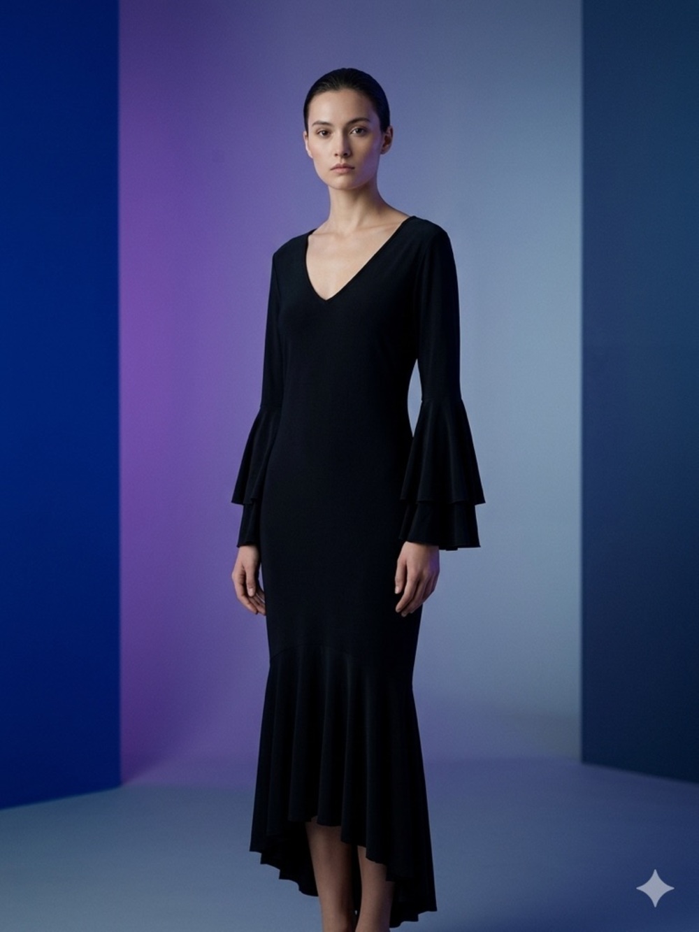 Black V‑Neck Ruffle Sleeve Midi Dress